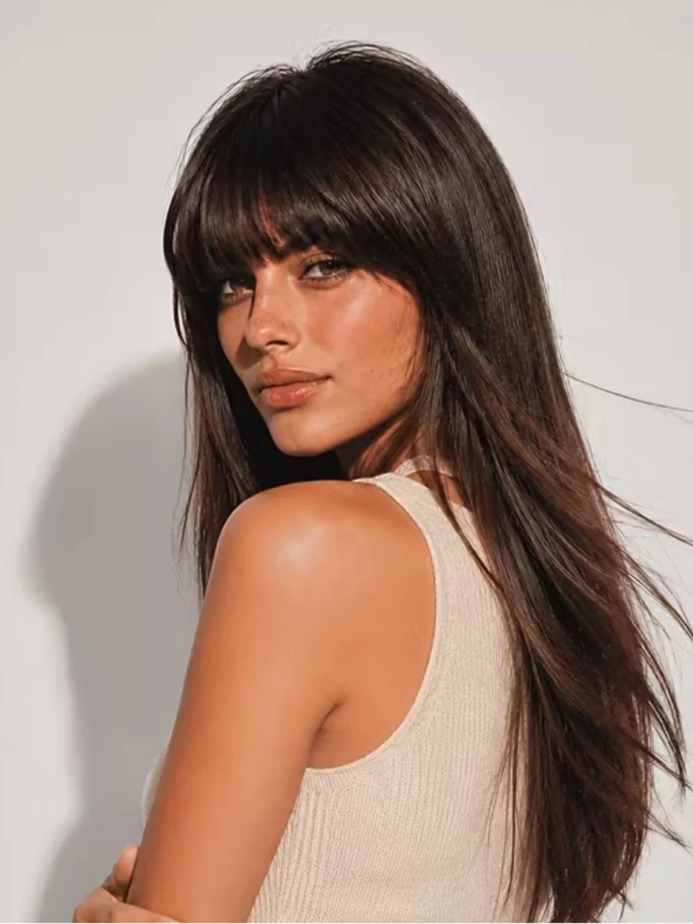 Classic Long Layered Wig with Blunt Bangs - Chocolate Brown